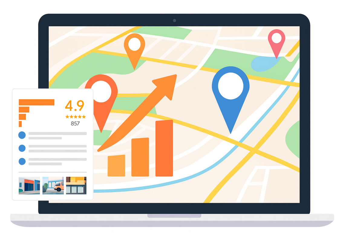 Illustration d'une loupe analysant une carte pour symboliser l'amélioration de la visibilité locale.