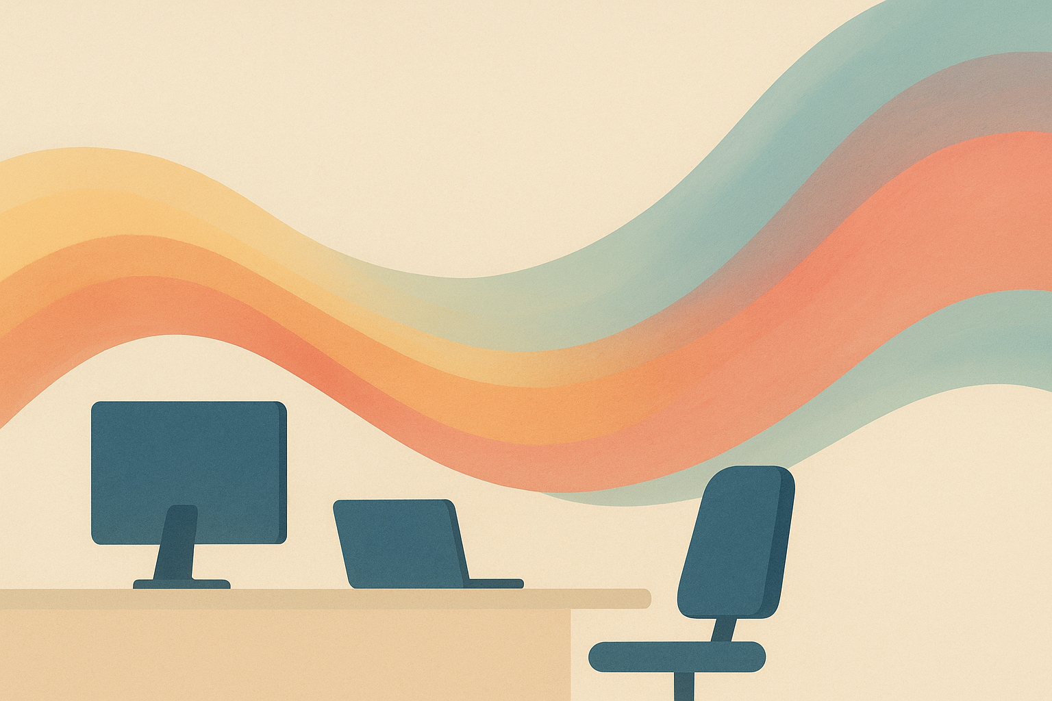 Bureau de style rétro avec des rubans aux couleurs de la marque qui flottent